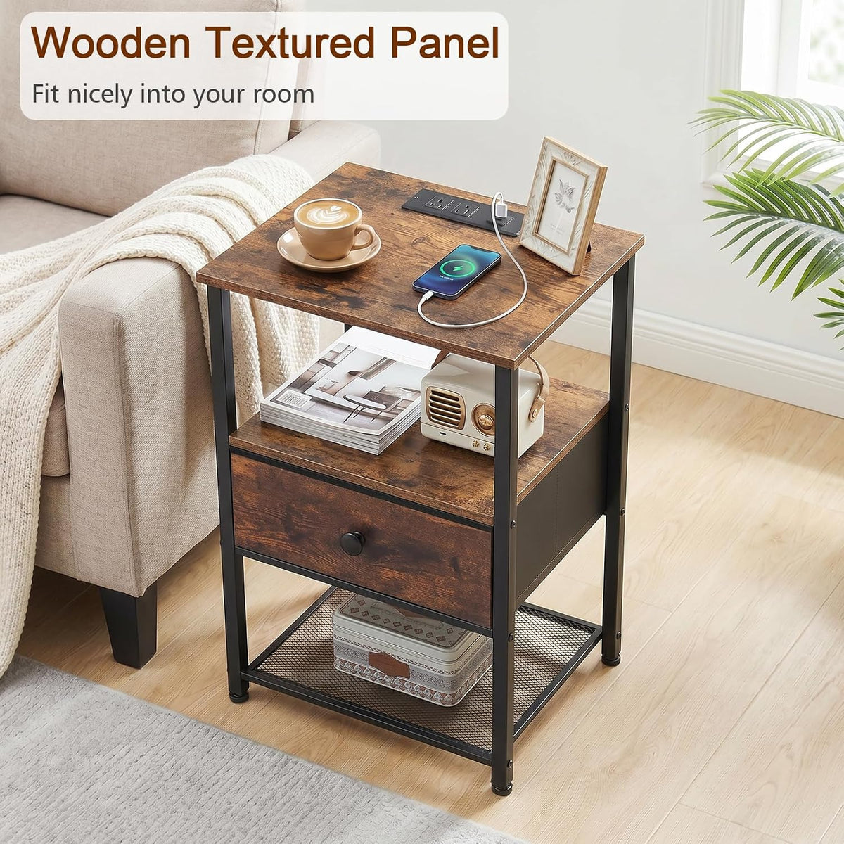 LOAKEKEL Nightstands Set of 2 with Charging Station, Side Tables Bedroom | Night Stand Set 2, End Tables Living Room with Type-C, Fabric Drawer & Open Shelves, Rustic Brown