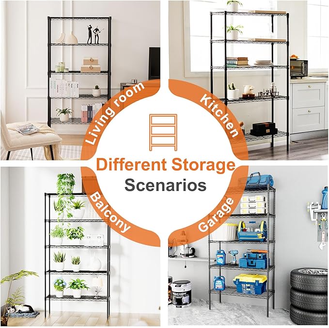 Sweetcrispy 5-Shelf Storage Shelving Unit, Adjustable Metal Wire Racks Heavy Duty Standing Shelf Organizer for Kitchen, Closet, Pantry, Garage, Bathroom, Laundry (13.8" D x 35.4" W x 69.3" H)
