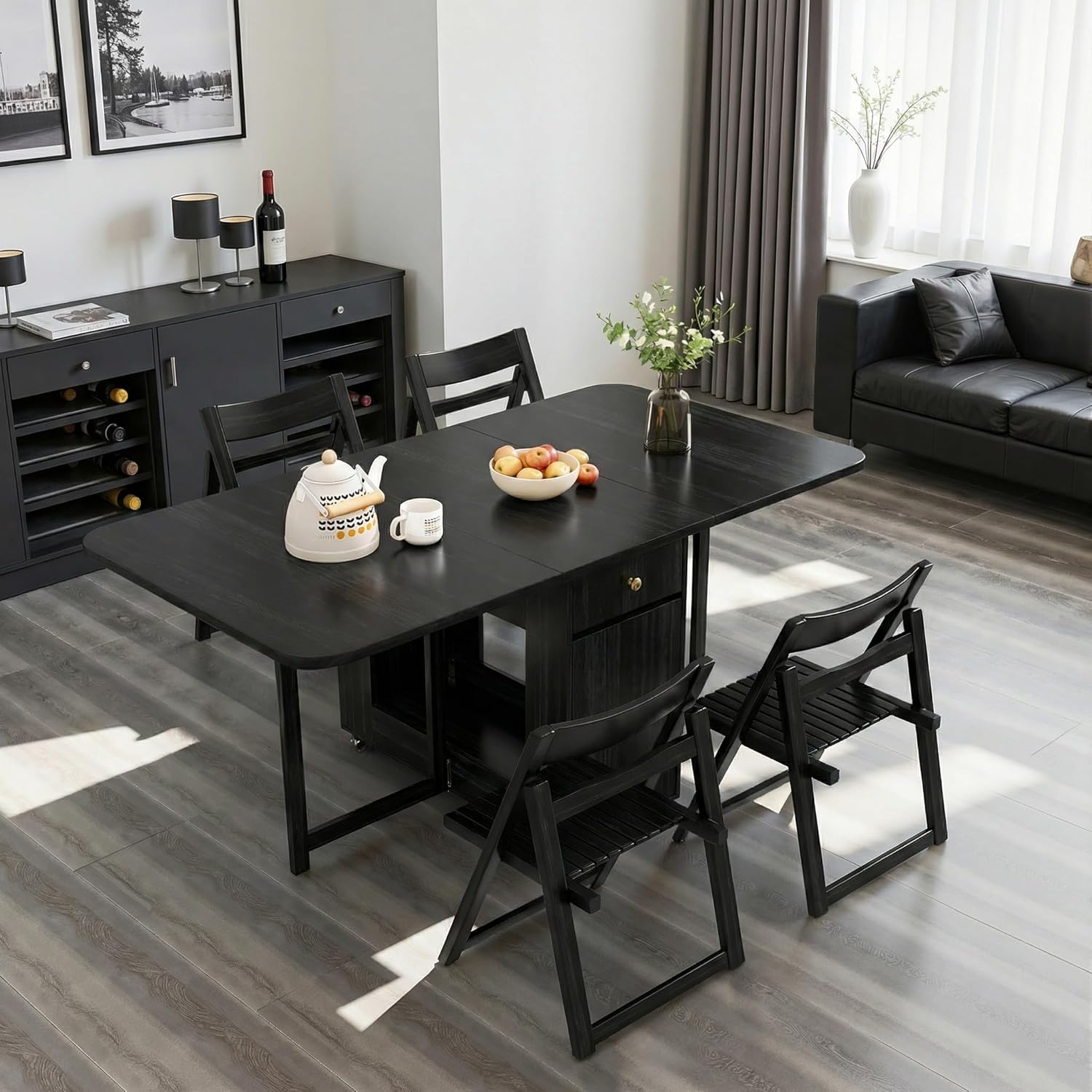 Folding Dining Table and Chairs - 51" Fully Assembled Drop Leaf Table 4-6 Seater with Storage and Lockable Wheels, Space-Saving Set with 4 Chairs for Kitchen or Dining Room (Black)