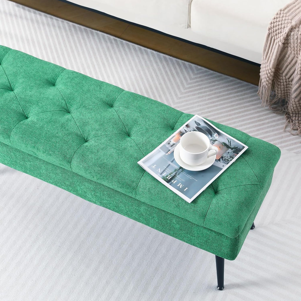 Storage Ottoman Long Upholstered Entryway Bench, 43.5" Fabric Green | Large Flip-Top Entry Shoe Bench Dining Seat for Living Room Bedroom End of Bed Couch, Support 660lbs, Faux Leather