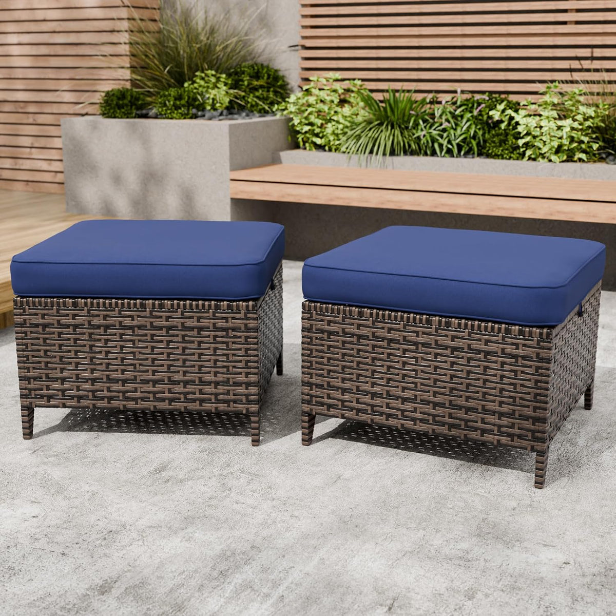 COOS BAY Harbor Retreat Wicker Outdoor Ottomans Set of 2, Patio Footrests with Removable Cushions for Couch, Deck, Backyard & Poolside, Brown/Blue