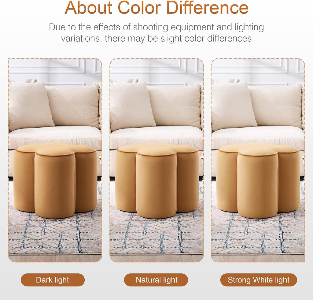Zesthouse Flower Pouf Ottoman Foot Rest, Velvet Fabric Poofy Ottoman Footstool for Couch Sofa, Modern Living Room Stool Seat for Under Entry Table, Cute Square Vanity Stool for Bedroom Dorm, Camel