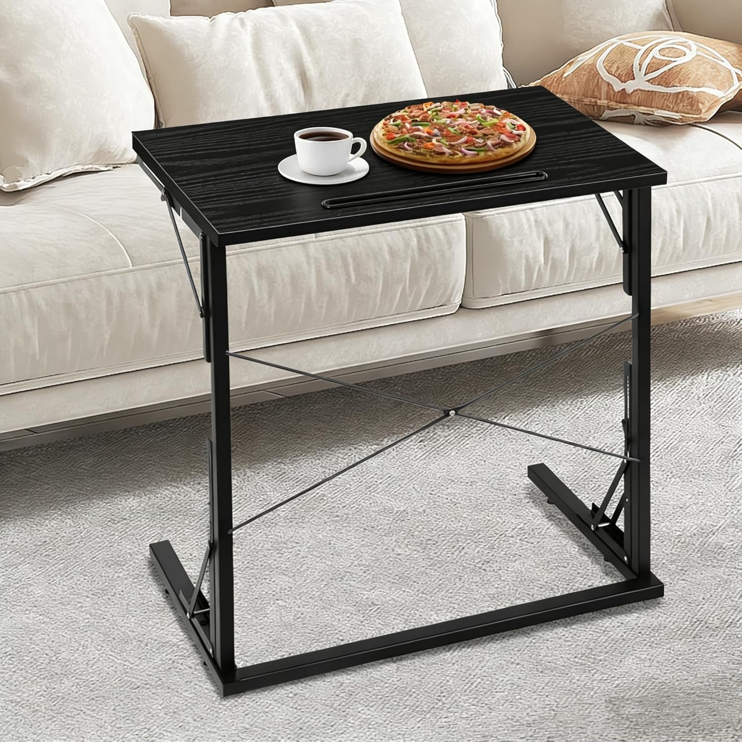 24 inch Foldable TV Tray Table, Foldable Portable C-Shaped Sofa end Table, Oversized Sofa Side Laptop Desk, Suitable for Living Room and Bedroom (1, Black)