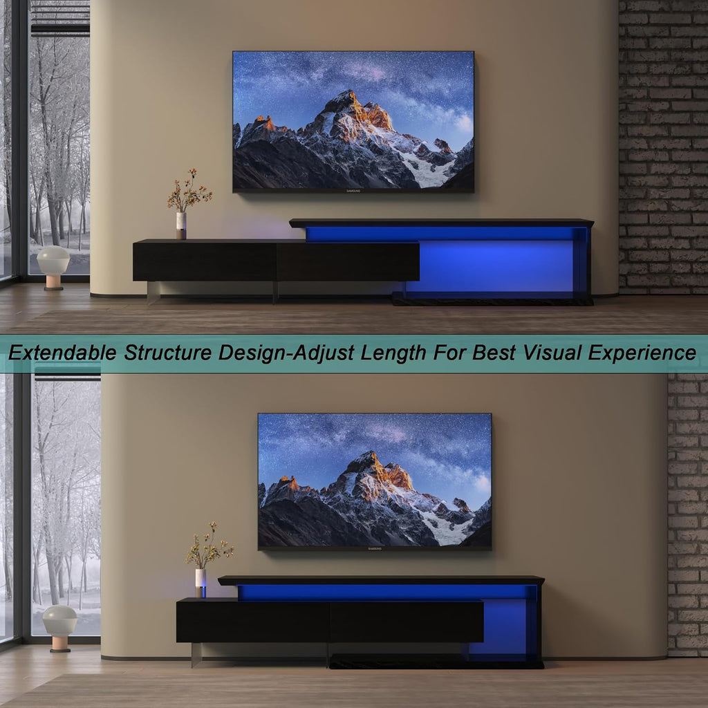 LED TV Stand for 65 75 85 Inch TV, Extendable Entertainment Center | 60 70 80 90 Inch TV Console Equipped with Light String, Two Pull-Down Door, TV Table for Living Room, Black