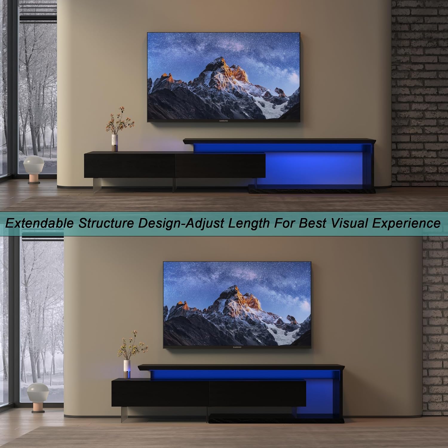 LED TV Stand for 65 75 85 Inch TV, Extendable Entertainment Center | 60 70 80 90 Inch TV Console Equipped with Light String, Two Pull-Down Door, TV Table for Living Room, Black