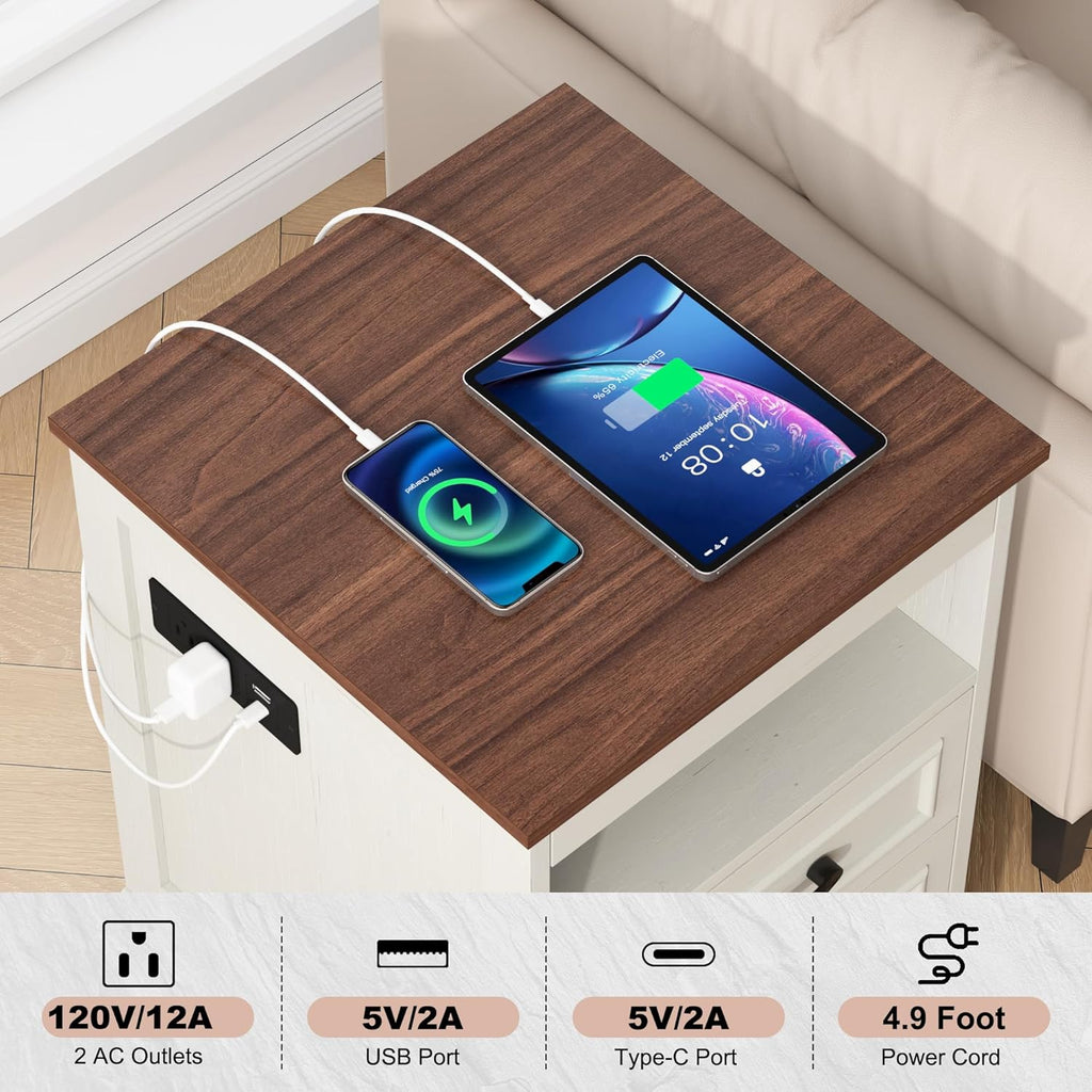 Gadroad 18" Farmhouse Accent Nightstand with Charging Station, End Table with 3 Drawers Storage, Side Table, Bedside Cabinet for LivingRoom Bedroom Office, Brown