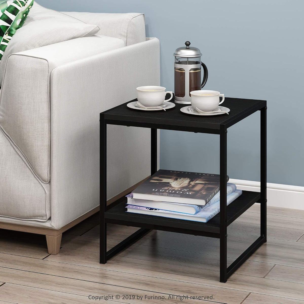 Furinno CAMNUS 2-Tier Metal Frame Side Table, Easy Assembly, Americano | Modern Square End Table with Open Shelf, Night Stand, Bedside Table, for Living Room, Bedroom