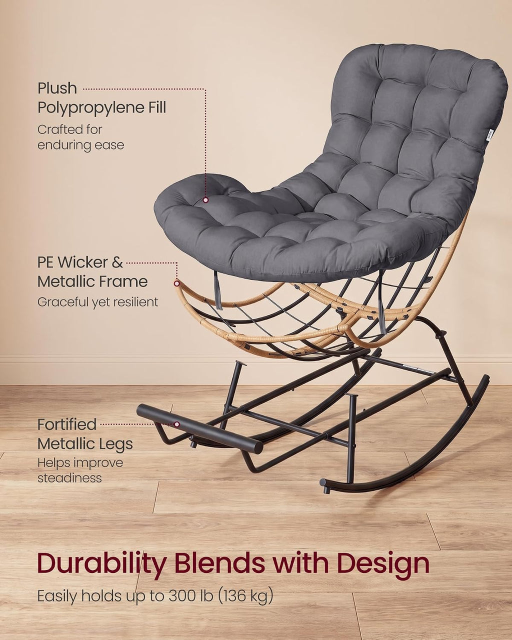 VASAGLE Outdoor Rocking Chair with Extendable Footrest, Removable Cushion