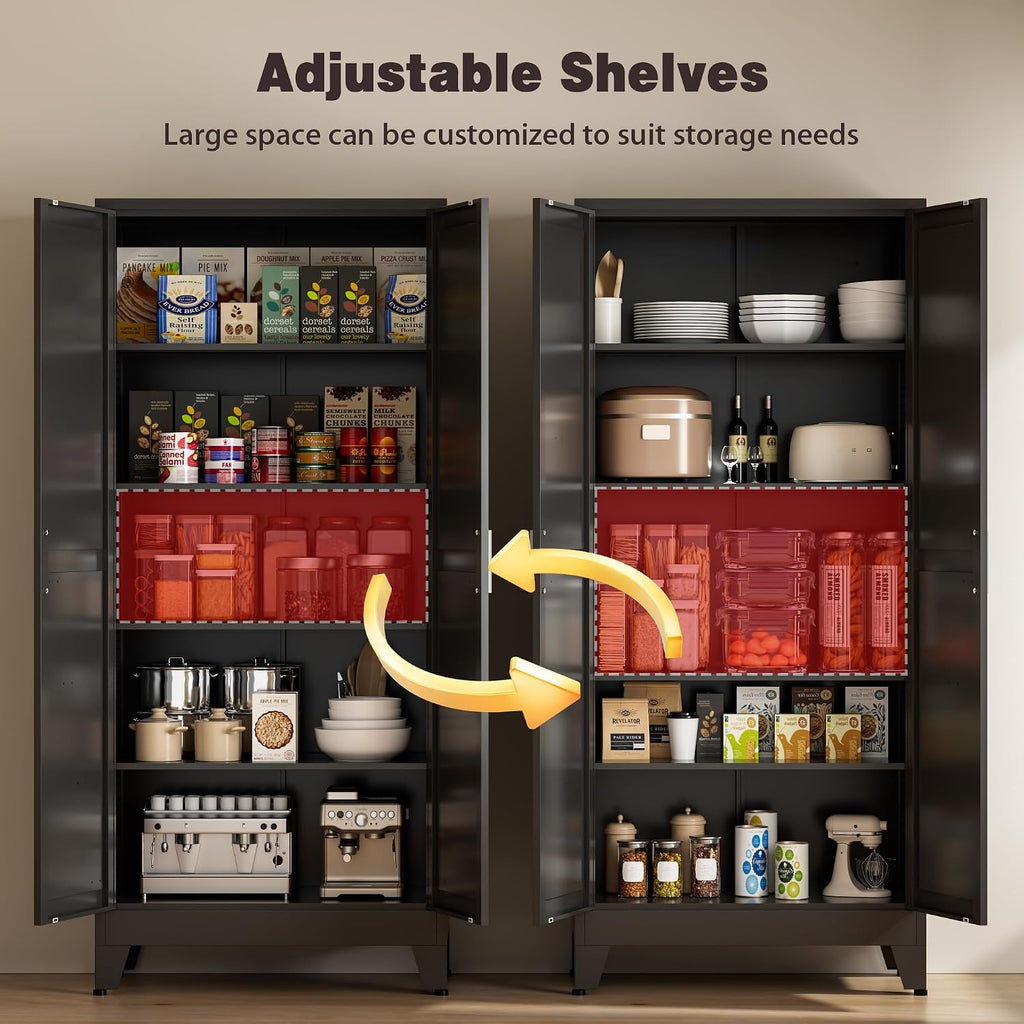 71” Tall Metal Kitchen Pantry Cabinet, Kitchen Storage Cabinets, Steel Cupboard with 2Doors and 4 Adjustable Shelves for Dining Room, Bathroom, Living Room