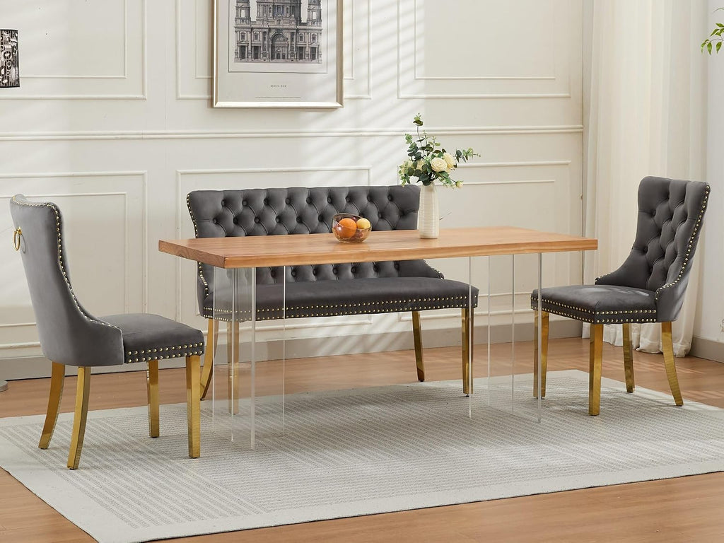 Velvet Upholstered Dining Bench with Back, 45.6'' Tufted Loveseat Bench with Gold Stainless Steel Legs, Mid-Century Modern Banquette Seating for Dining Room, Kitchen, Entryway, Gray