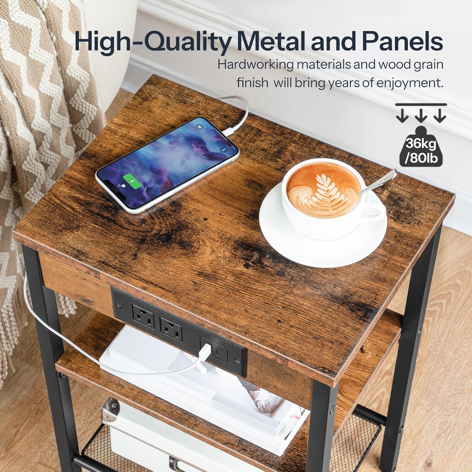 HOOBRO Side Table with Charging Station and USB Port, Small End Table for Small Space, 3-Tier Nightstand with Adjustable Shelf, for Living Room, Bedroom, Rustic Brown BF112BZ01