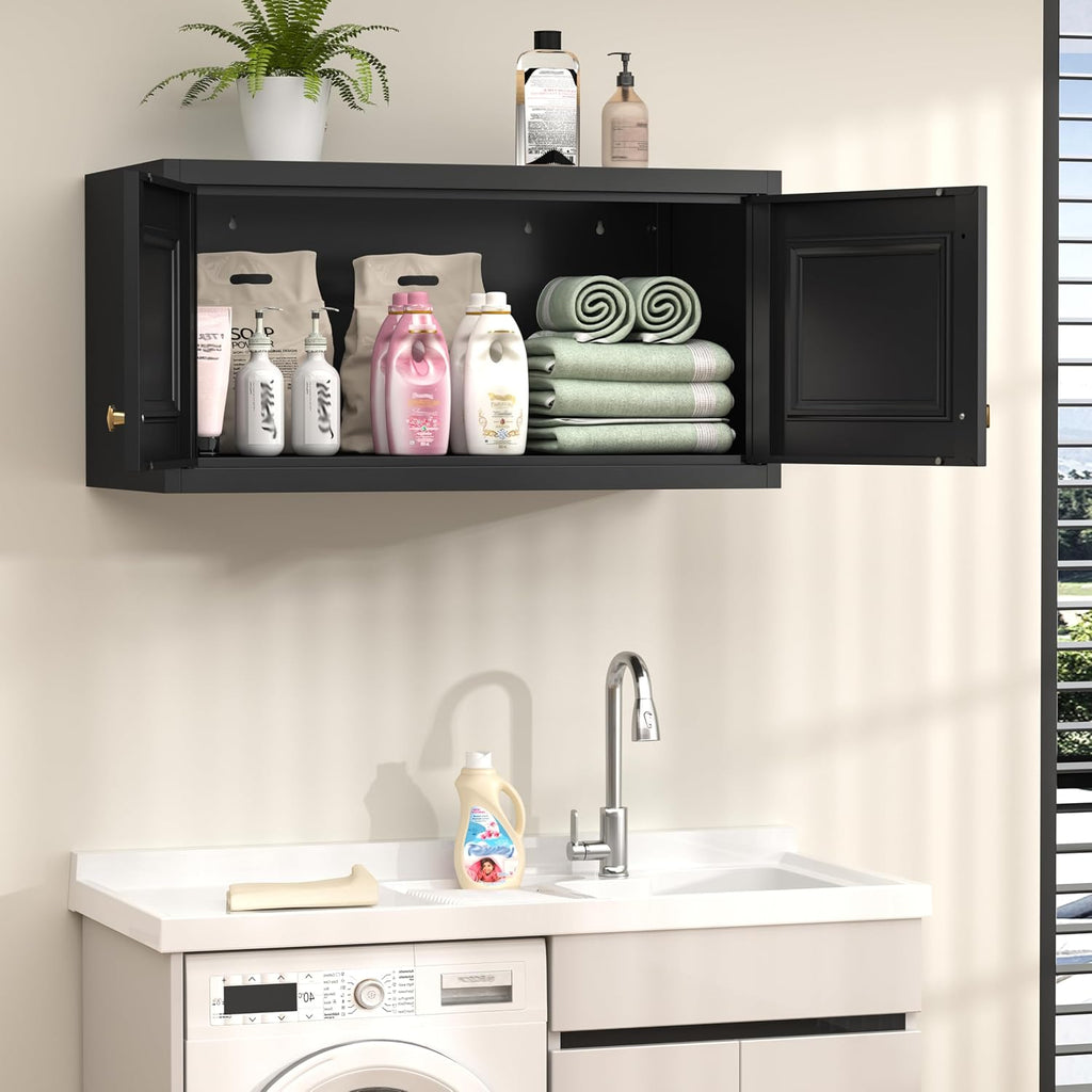 32" Wall Storage Cabinet with 2 Doors & Gold Handle | Black Metal, Hanging Design, for Bathroom, Kitchen, Rust-Resistant, Anti-Tip, Easy Assembly, Hardware Included