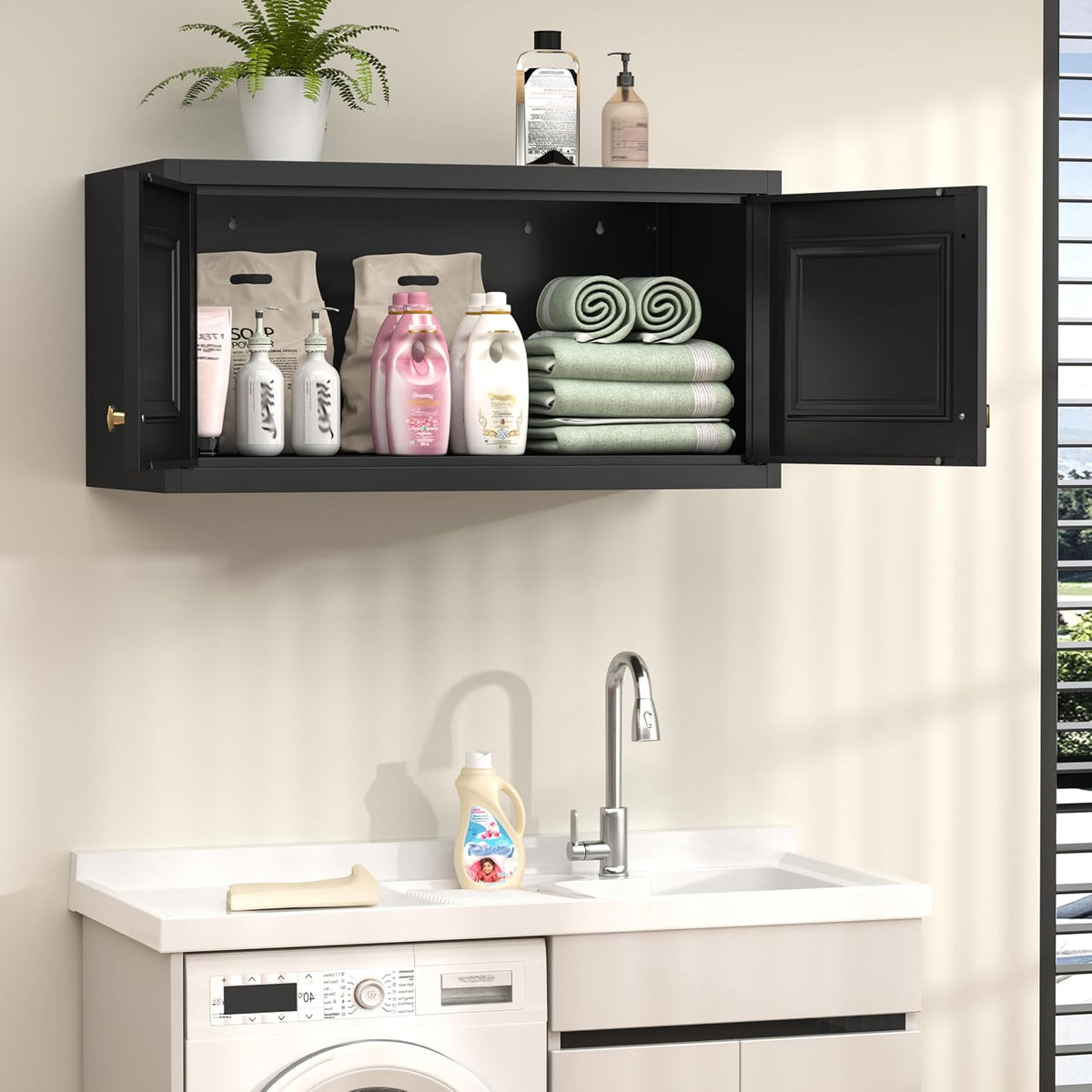 32" Wall Storage Cabinet with 2 Doors & Gold Handle | Black Metal, Hanging Design, for Bathroom, Kitchen, Rust-Resistant, Anti-Tip, Easy Assembly, Hardware Included
