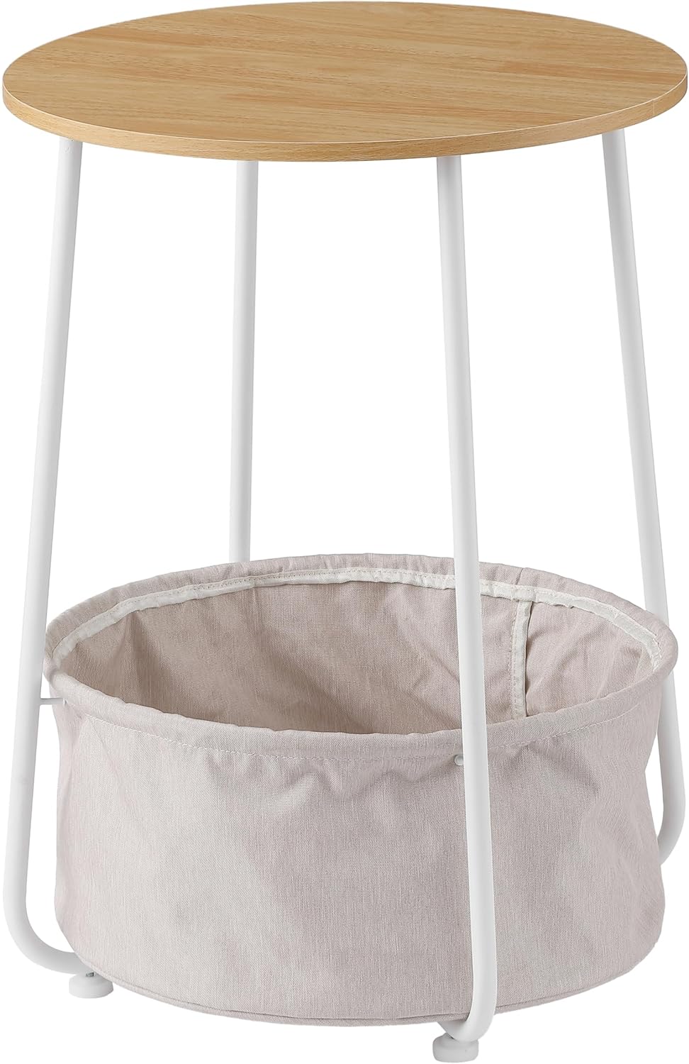 Modern Round Side End Table with Fabric Storage Basket, Matte White and Camel Brown, Contemporary Nightstand (Burlywood)