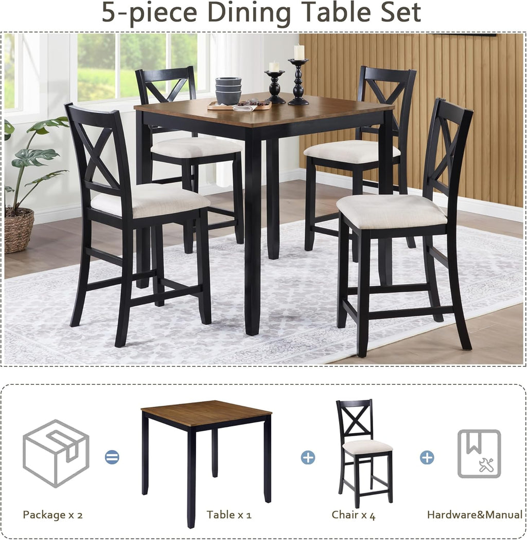 KEIKI 5-Piece Standard Height Dining Table Set with Square Table and 4 X-Shaped Backrest Upholstered Chair, for 4 Person, Modern Wooden Table Set, Easy Assembly, for Kitchen, Dining Room, Black+Oak