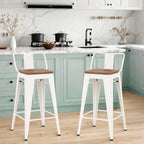 HAOBO Home 30" Bar Stools Set of 2 Bar Height Metal Barstools with Wood Seat Low Back Kitchen Bar Chairs White