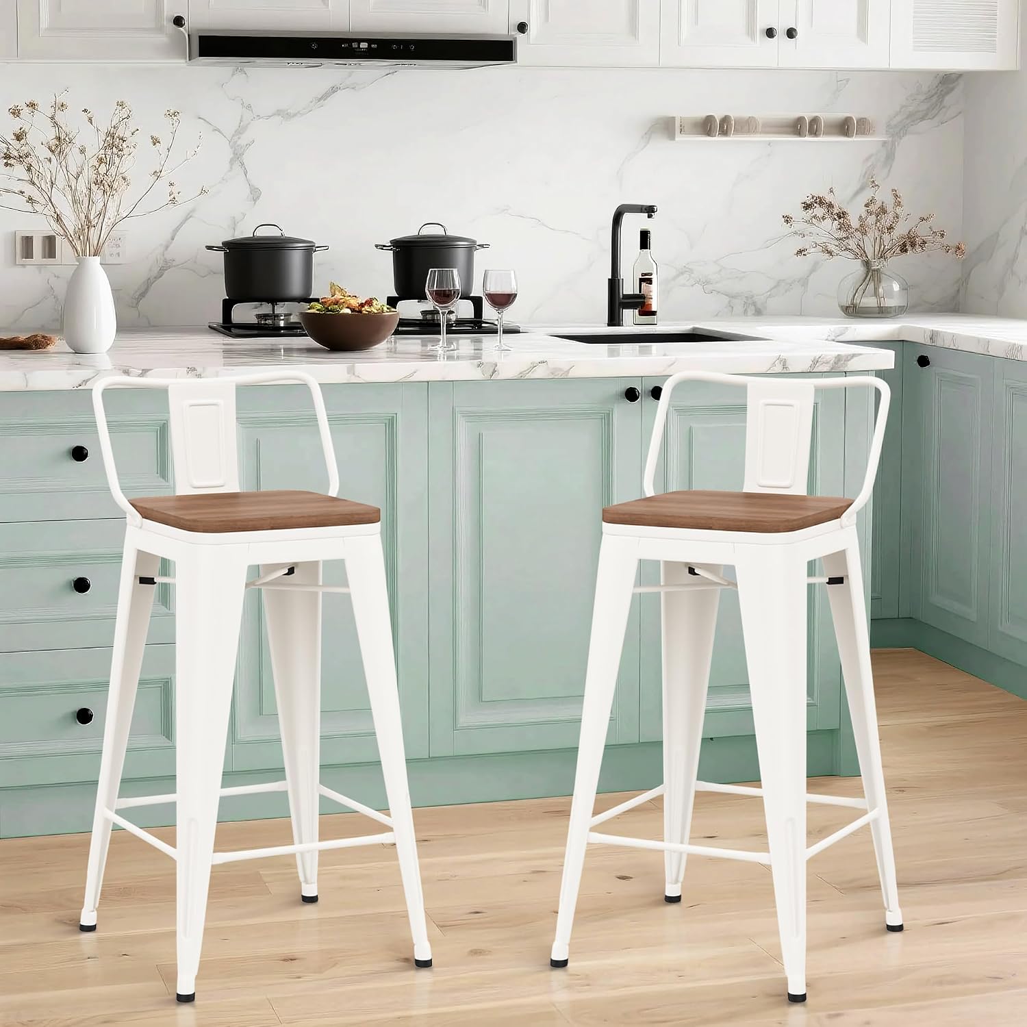 HAOBO Home 30" Bar Stools Set of 2 Bar Height Metal Barstools with Wood Seat Low Back Kitchen Bar Chairs White
