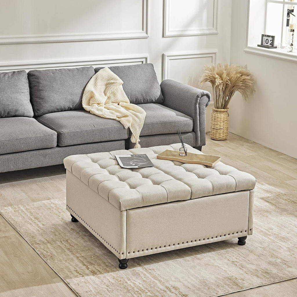 Redlife 35 Inch Large Square Storage Ottoman, Coffee Table Ottoman, Linen | Lift Top Ottomans Bench Square Footrest Oversized Upholstered Coffee Table for Living Room Bedroom (Beige)