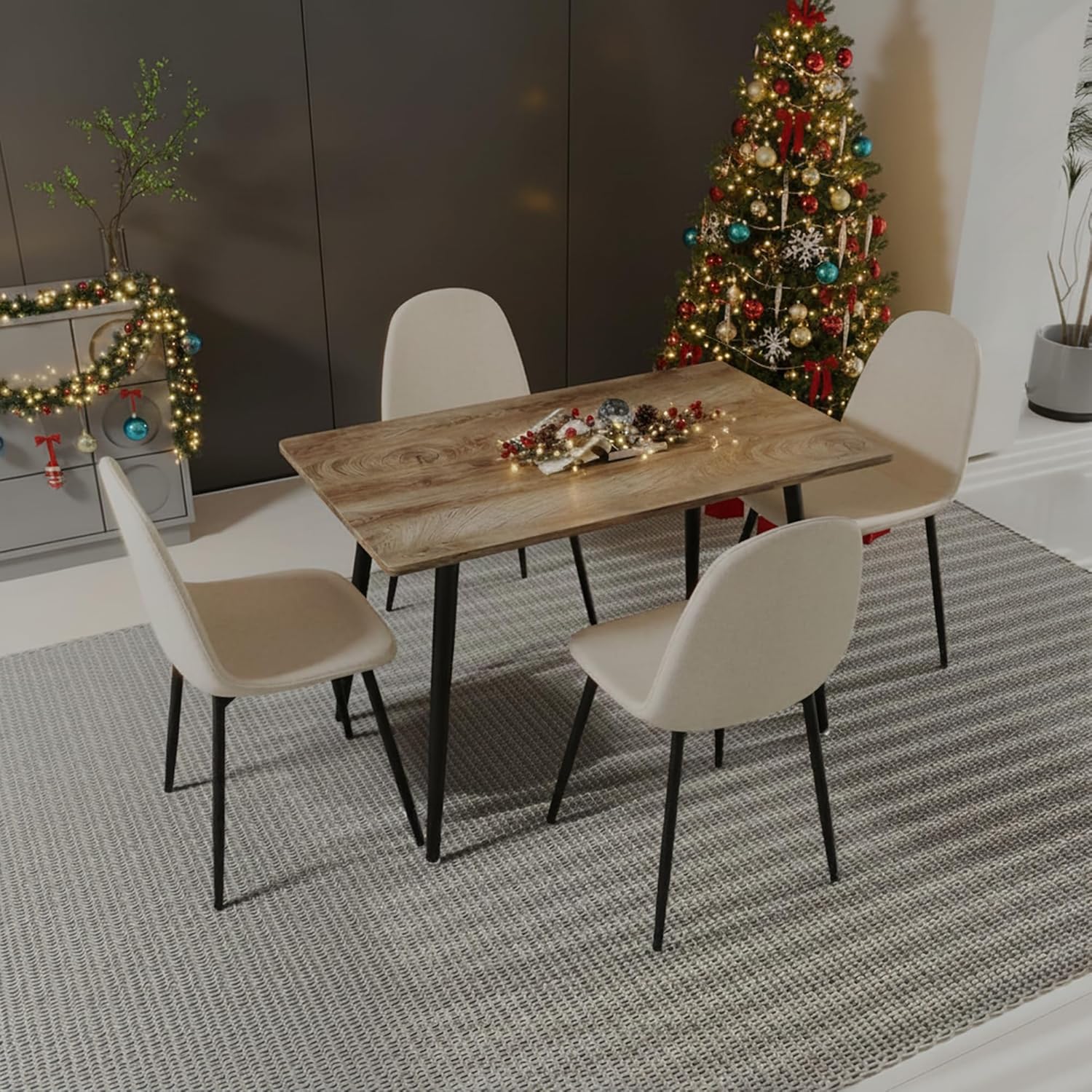 Small Dining Table Set for 4, Modern Kitchen Table Set for 4, 5 Piece Wooden Dining Table Set, 47'' Kitchen Table Set with 4 Fabric Dining Chairs Ideal for Small Spaces