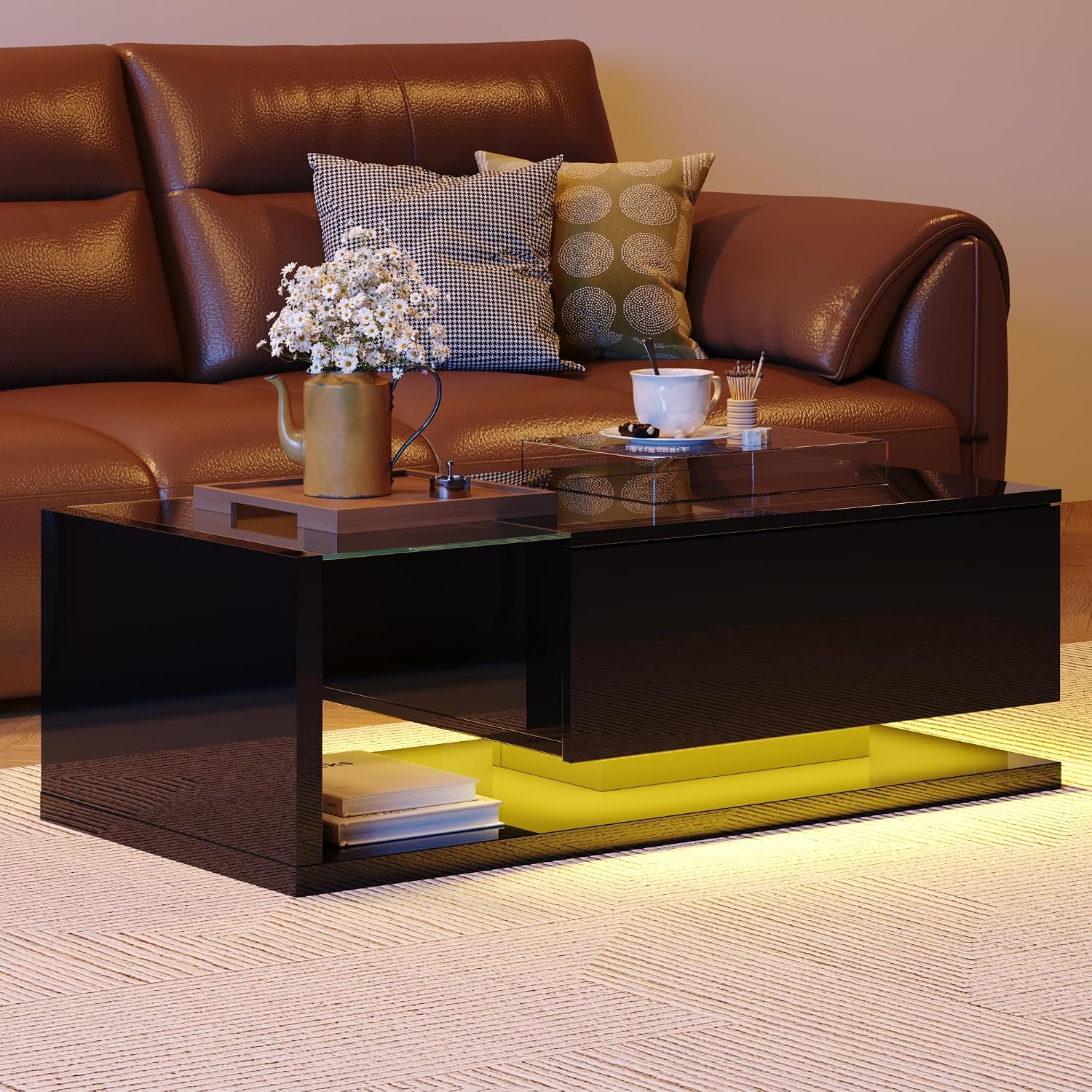 holzart Compact Low-Profile Coffee Table with LED Lights & Storage, 39.4" Small Black High Gloss Modern Center Table with Tempered Glass & Drawer for Small Spaces, Apartments & Gaming
