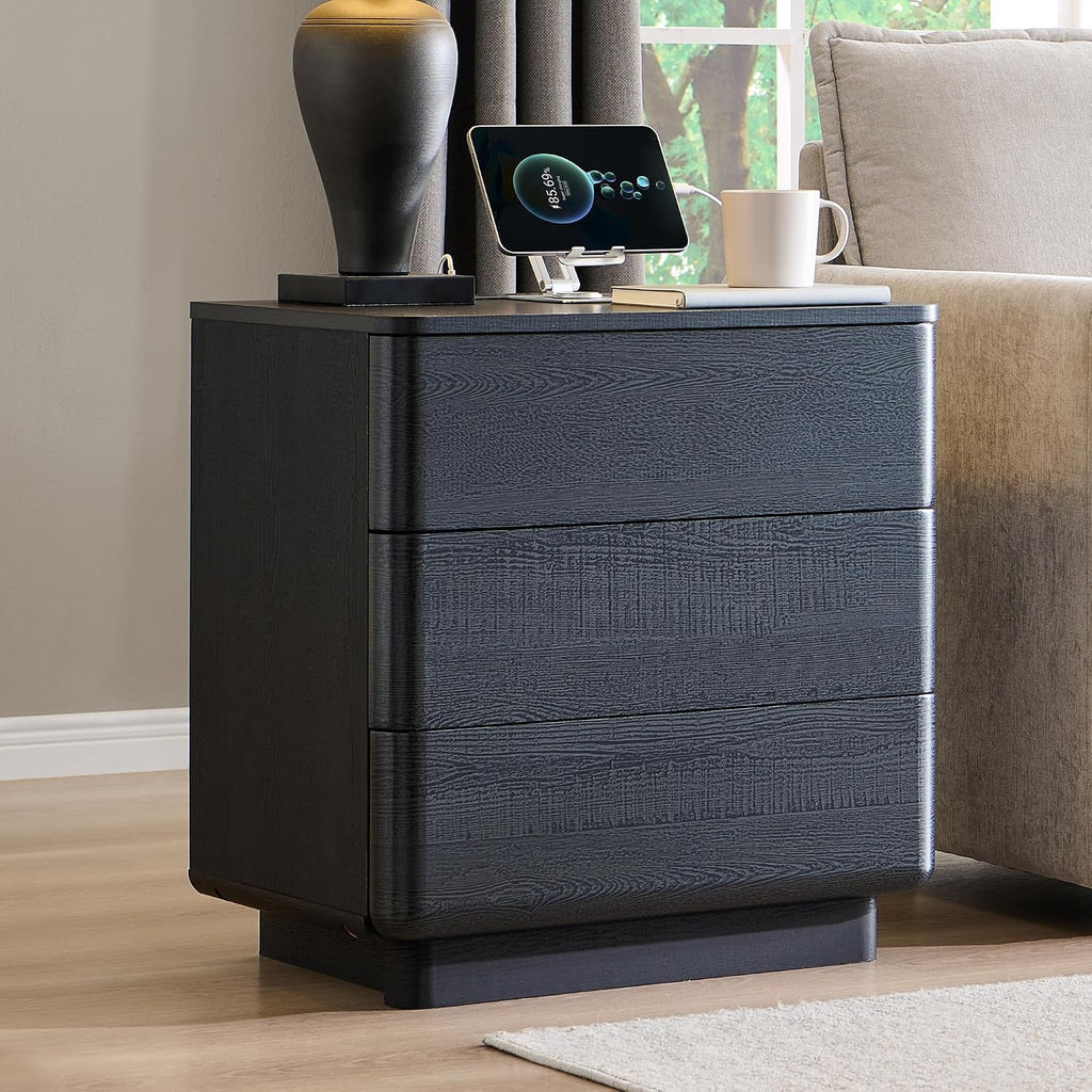 JXQTLINGMU 22" Modern Nightstands Set of 2 with Charging Station, Large Push-to-Open End Table, Wood Bedside Table, Curved Profile, Handleless 3 Drawer Night Stand for Bedroom, Living Room, Black