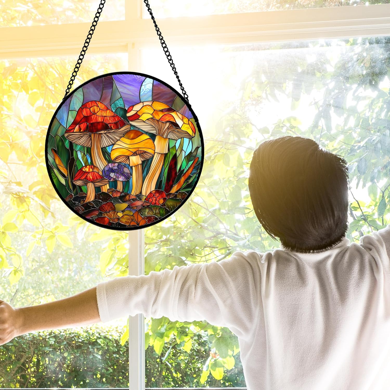 Stained Glass Window Hanging, Jungle Mushrooms Sun Catchers Diamond Glass Panel Hangings Plant Suncatcher Decor for Birthday for Women, Men, Wife, Aunt, and Mom 11.8x11.8 in