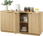 63" Oak Vertical Fluted Sideboard Buffet Cabinet - Modern Storage Cabinet with 4 Doors & Adjustable Shelves for Dining Room, Kitchen & Coffee Bar