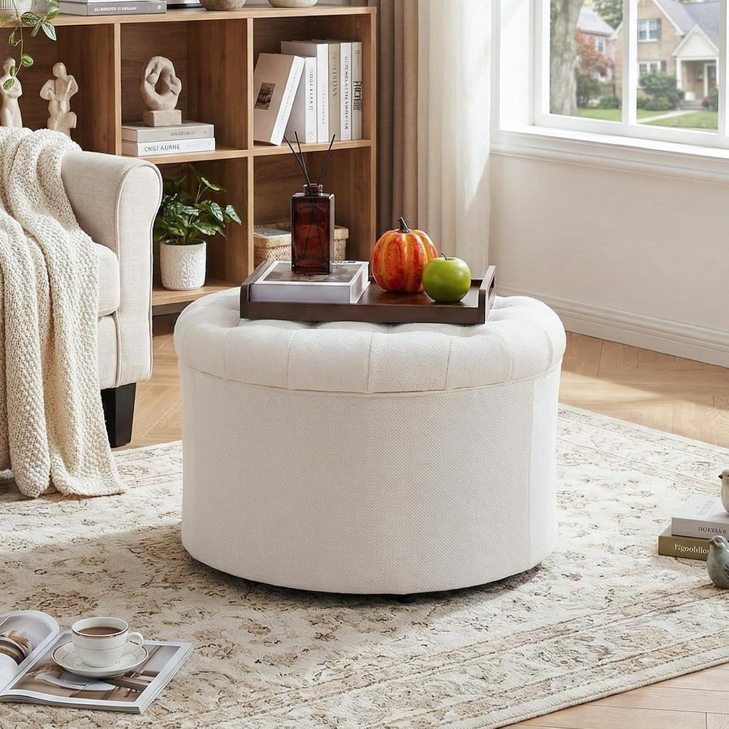 ONBRILL Round Ottoman Foot Rest, 24" Storage Ottoman | 15.4" Height Foot Stool（Better for Low-Profile Sofa), Large Size Bedside Storage, Extra Seat, Entryway Shoe Bench