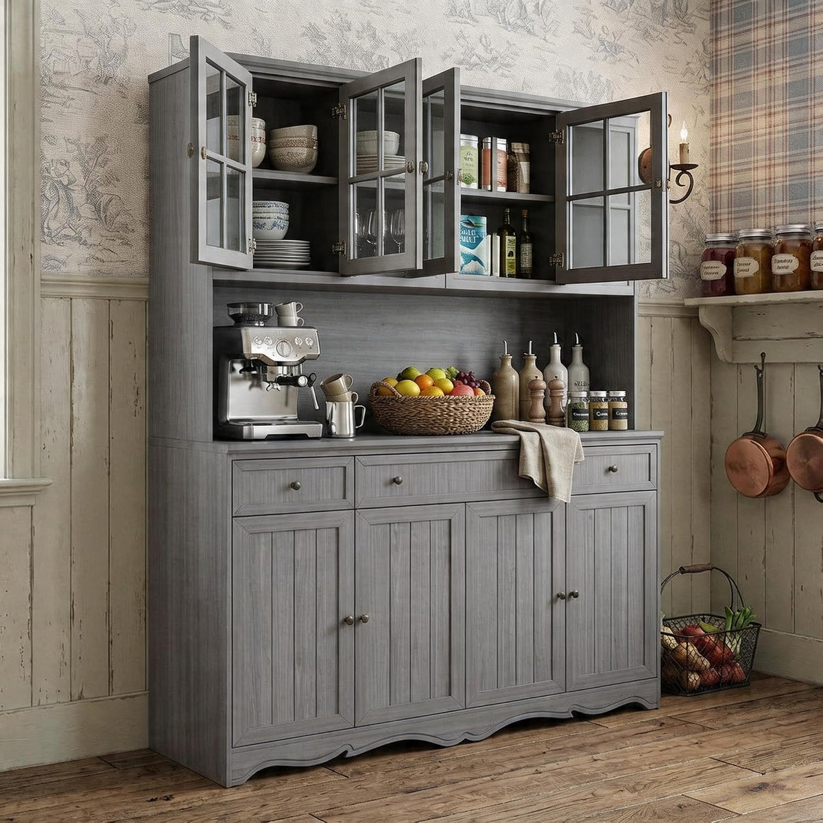 Timechee 75.9" Tall Kitchen Pantry Storage Cabinet with Drawers, Farmhouse Storage Hutch Cabinet with Doors and Shelves, Kitchen Food Pantry Cupboard and Coffee Bar Station for Dining Room, Grey