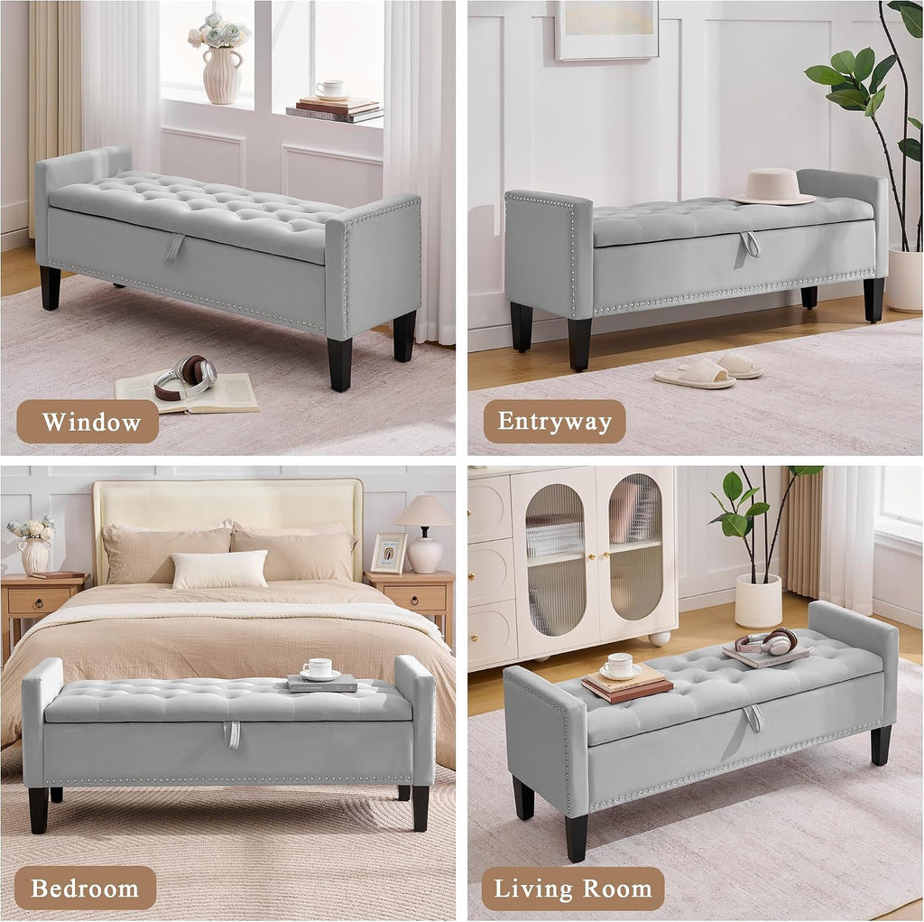 51" Storage Ottoman Bench, Velvet Large End of Bed Bench with Arms, Modern Storage Bench for Living Room, Bedroom, Entryway, Window, Holds up to 500 lb