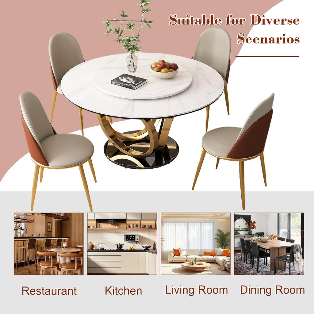 59" Round Dining Table with 360° Rotating Lazy Susan, Scratch & Heat Resistant Sintered Stone Tabletop, Marble Style Kitchen Dining Table, Perfect for Dining Room