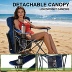 Romswi Folding Canopy Beach Camping Chairs for Adult 2 Pack, Portable Outdoor Chairs with Sunshade,Cup Holder & Side Pocket for Camping, Fishing, Beach, Backyard, Navy