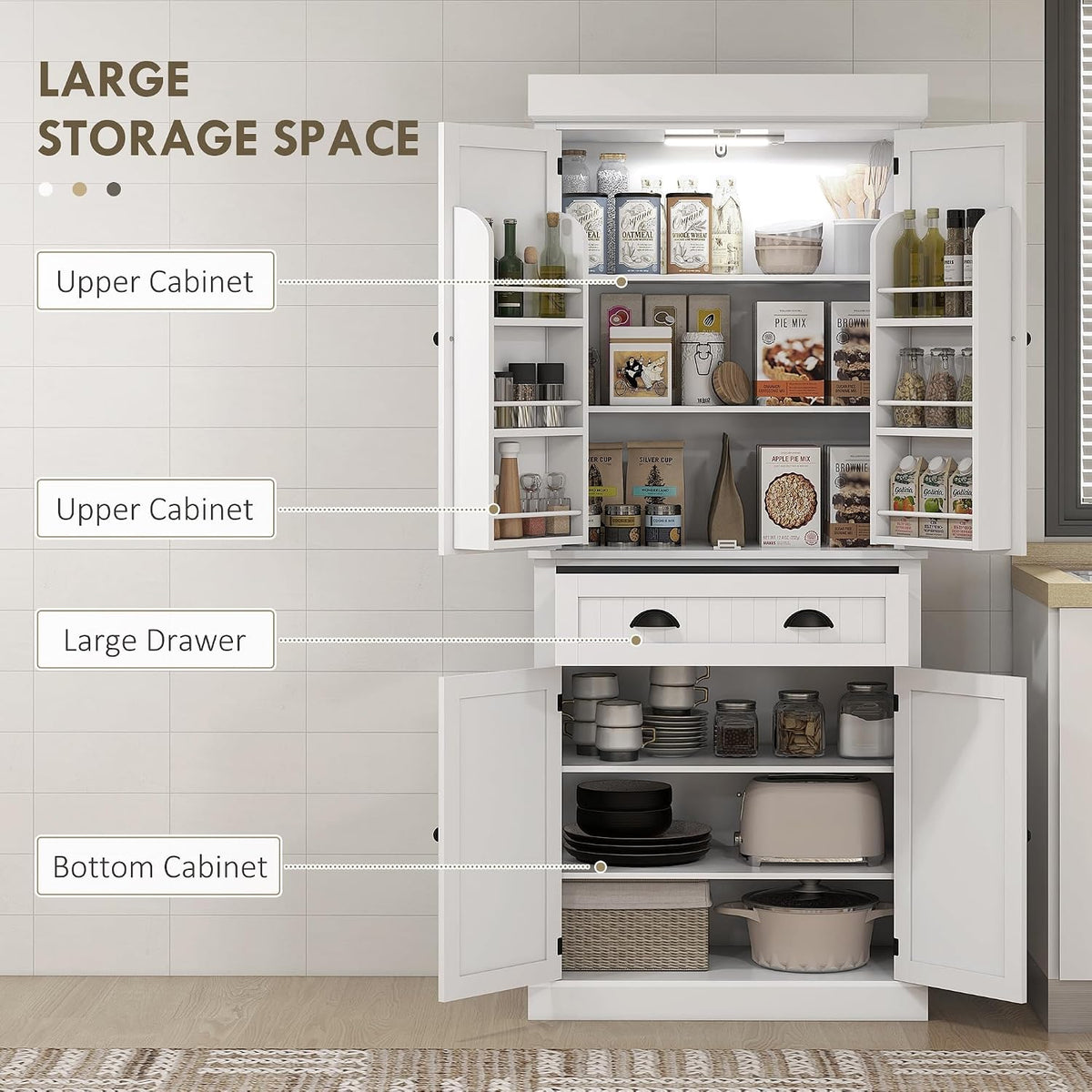 HOMCOM 71" Kitchen Pantry Cabinet LED Motion Sensor Light Drawer White | Tall Storage Cabinet, 6 Door Shelves, Adjustable Shelves, Living & Dining Room