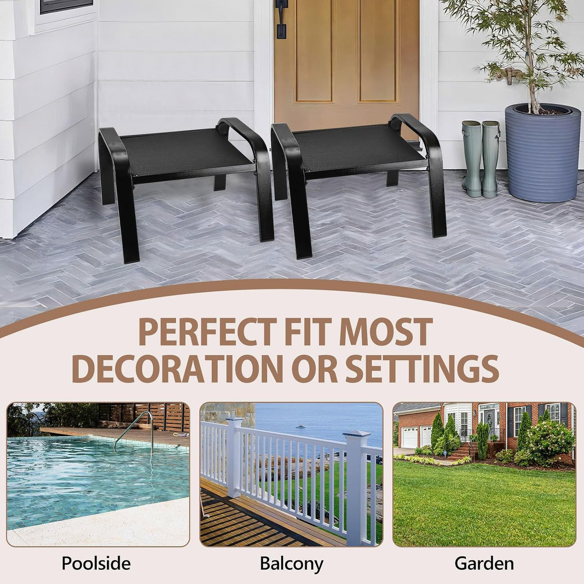 Outdoor Footstools All Weather Ottomans Solid Steel Frame Footrest Seat Side Table Black