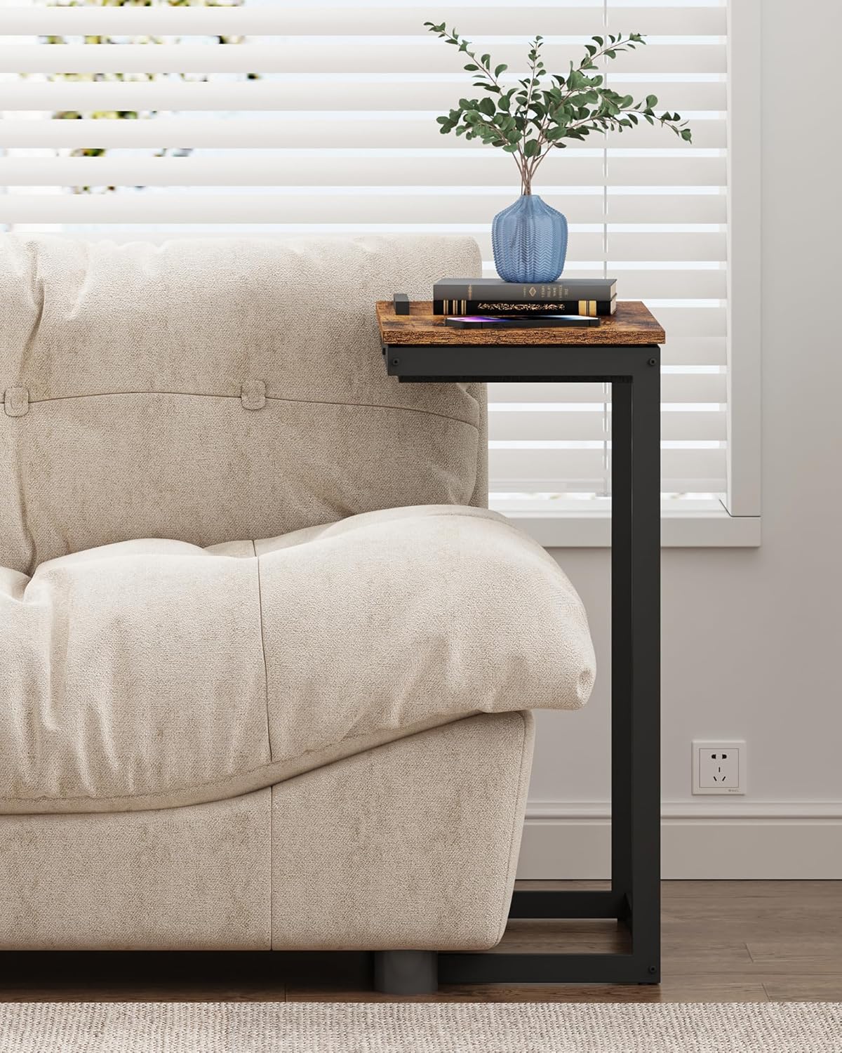 TUTOTAK C Shaped End Table, Tilting Laptop Stand Side Table, Under Couch Table for Living Room Bedroom, Brown TB01BB089