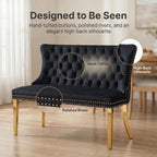 Upholstered Dining Bench with Back, Black, Gold Finish Steel Legs | Tufted Loveseat Bench with Nailhead Trim, Banquette Seating for Dining Room, Entryway