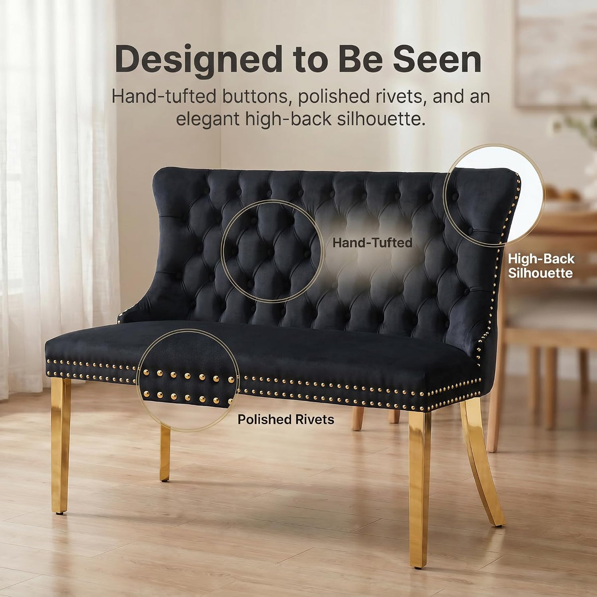 Upholstered Dining Bench with Back, Black, Gold Finish Steel Legs | Tufted Loveseat Bench with Nailhead Trim, Banquette Seating for Dining Room, Entryway