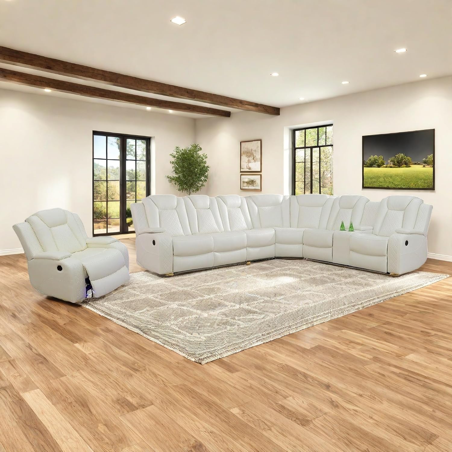 Power Recliner Sofa Sectional Sofa with LED Light for Living Room, Air Leather Reclining Corner Sectional Sofa Set, Cup Holder, Storage Console for Home Theater Seating (Ivory White, Sectional+Chair)