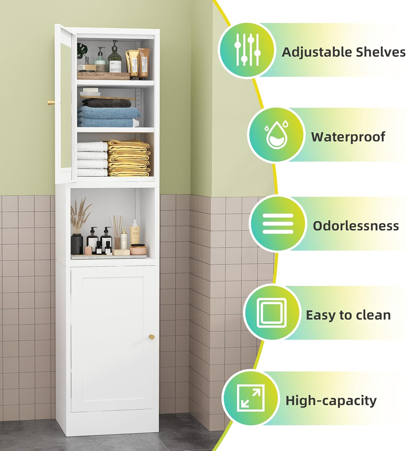 69" Tall Metal Pantry Cabinet with Microwave Stand,Microwave Storage Cabinet with 2 Doors & 3 Adjustable Shelves for Kitchen (2 Glass Doors-White, 11.81" D x 15.75" W x 66.93" H)
