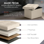 Ornavo Home Small Storage Ottoman Foldable Collapsible Rectangle Linen Ottoman Foot Rest Stool Seat, for Living Room, Bedroom, Home Office, Dorm - 12 x 16 x 12, Beige