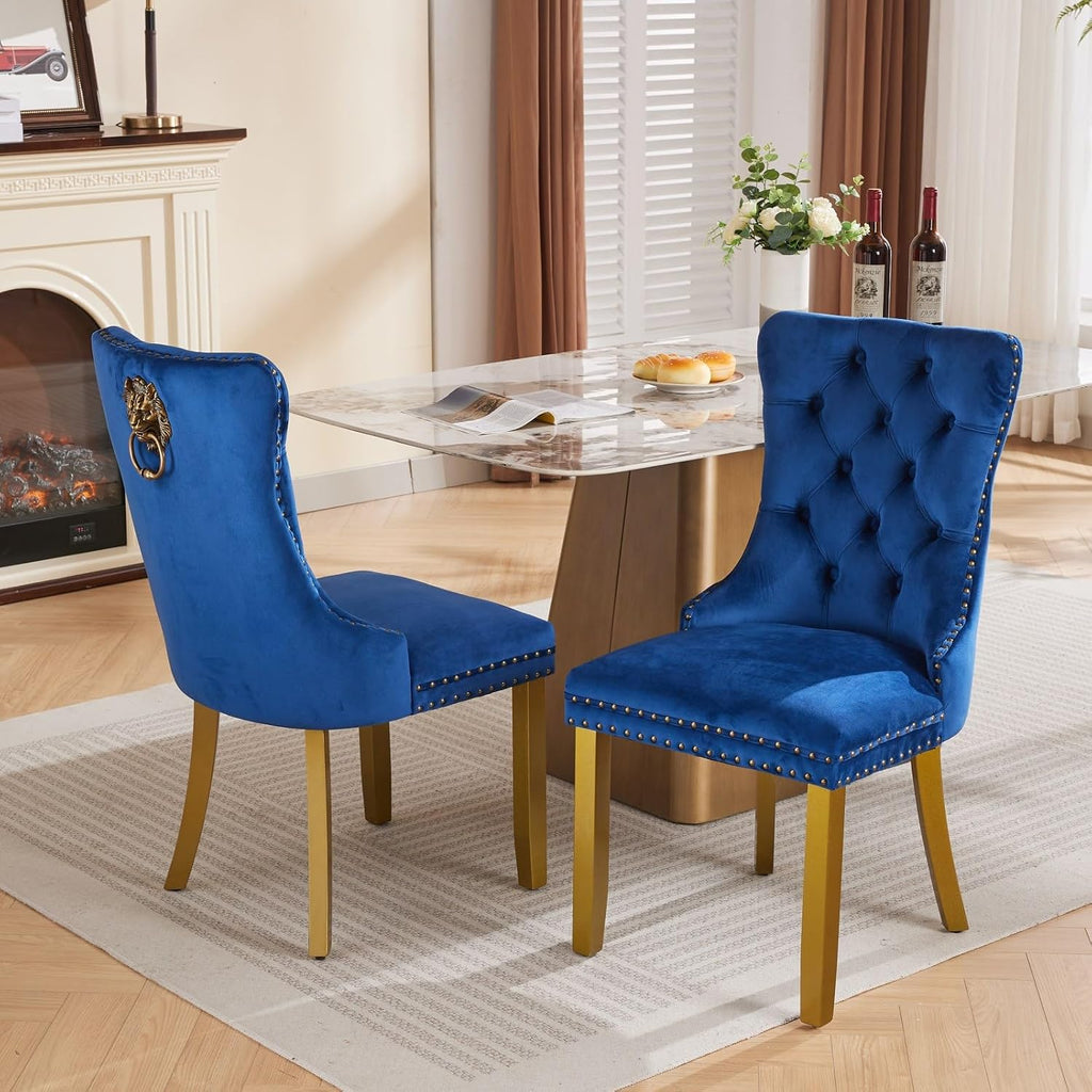 Velvet Dining Chairs Set of 2,Fabric Upholstered Side Chairs with Lion Head Ring Pull & Bronze Nailhead Trim,Luxury Side Chair with Golden Wood Legs for Kitchen (Velvet Blue, Set of 2)