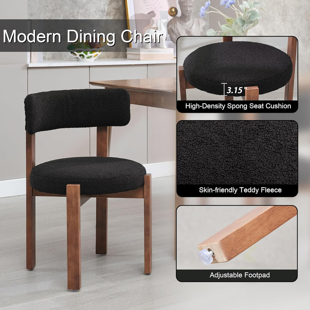 Okeysen Modern Dining Chairs Set of 4, Round Upholstered Armless Kitchen Chairs with Wood Legs Adjustable Foot, Mid Century Boucle Dining Chairs for Dining Room(Black)