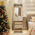 COSTWAY Vanity Desk with Mirror and Lights, Narrow Dressing Table with Foldable Countertop, Padded Stool, 2 Drawers for Apartment, Dorm, Bedroom, Makeup Vanity Set for Girl, Teen, Women (White)