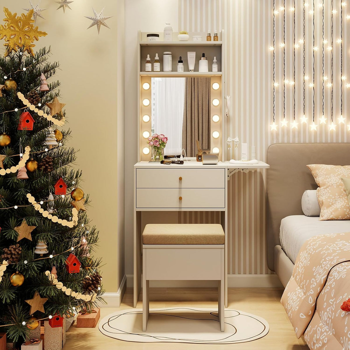 COSTWAY Vanity Desk with Mirror and Lights, Narrow Dressing Table with Foldable Countertop, Padded Stool, 2 Drawers for Apartment, Dorm, Bedroom, Makeup Vanity Set for Girl, Teen, Women (White)