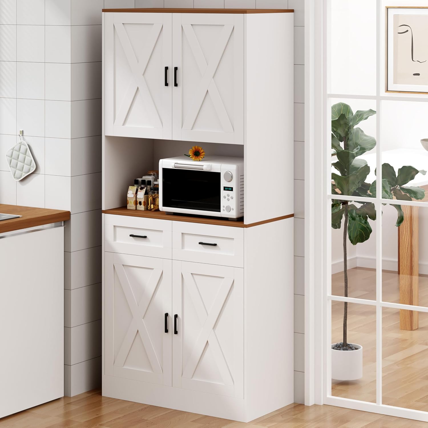 71“ Kitchen Pantry Storage Cabinet, Kitchen Hutch with Microwave Stand and Adjustable Shelves Freestanding Cupboard for Dining Living Room, White