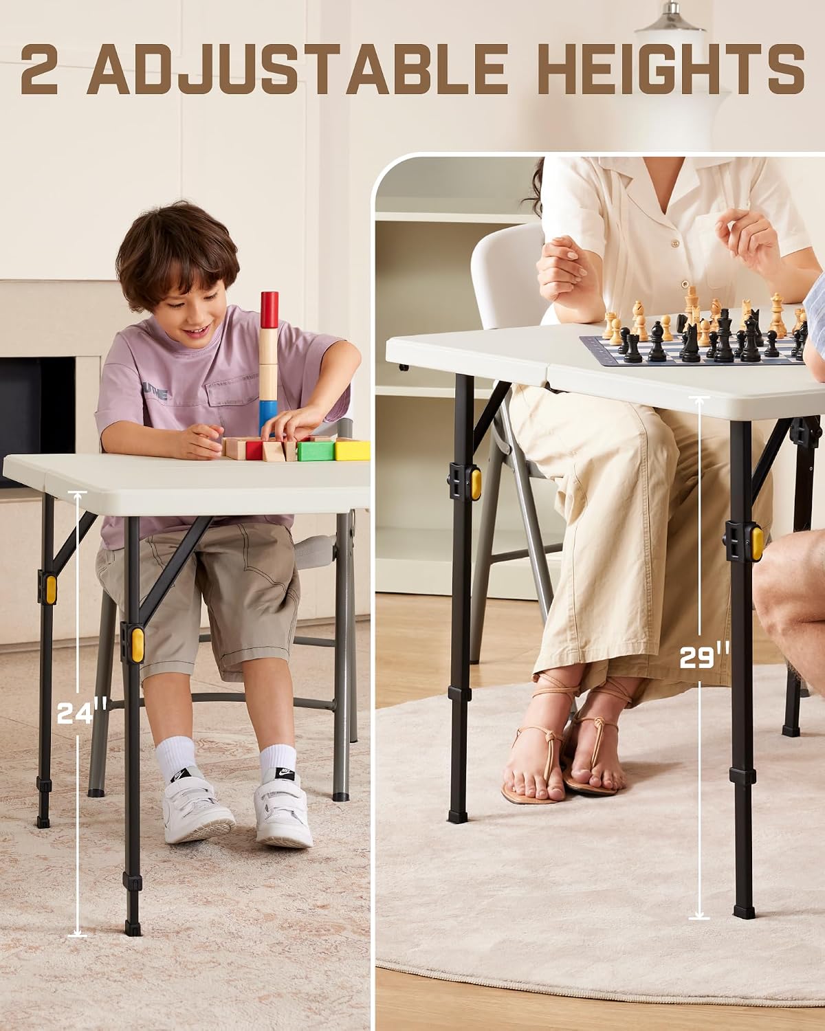 FanttikOutdoor Folding Card Table 34" Square, 2 Heights, Picnic Party Game | Fold-in-Half Utility Plastic Portable Table with Collapsible Legs & Carrying Handle, Heavy Duty, White Zeta S4 Pro