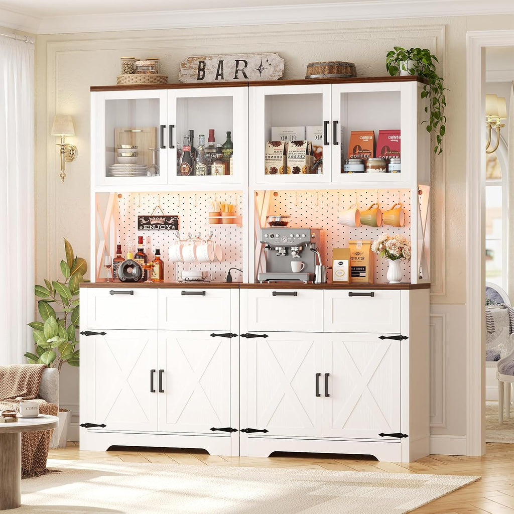 Unikito 71" Tall Kitchen Pantry Storage Cabinet with LED Light & Outlet, 63" Wide Kitchen Hutch Cabinet with Large Countertop, DIY Pegboard and Drawers, Farmhouse Food Pantry for Living Room,