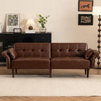 HALLYBEE 85" Futon Faux Leather Couch with Adjustable Armrests Red Brown | Futon Sofa Bed, Sleeper Sofa, Small Couch with Pillows, Side Pockets, Mid Century Modern, Living Room, Bedroom, Apartment
