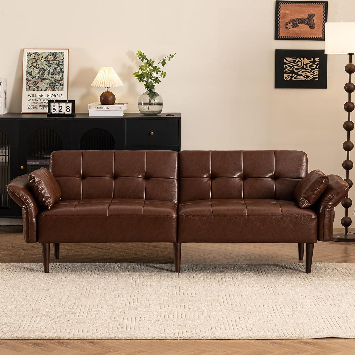 HALLYBEE 85" Futon Faux Leather Couch with Adjustable Armrests Red Brown | Futon Sofa Bed, Sleeper Sofa, Small Couch with Pillows, Side Pockets, Mid Century Modern, Living Room, Bedroom, Apartment