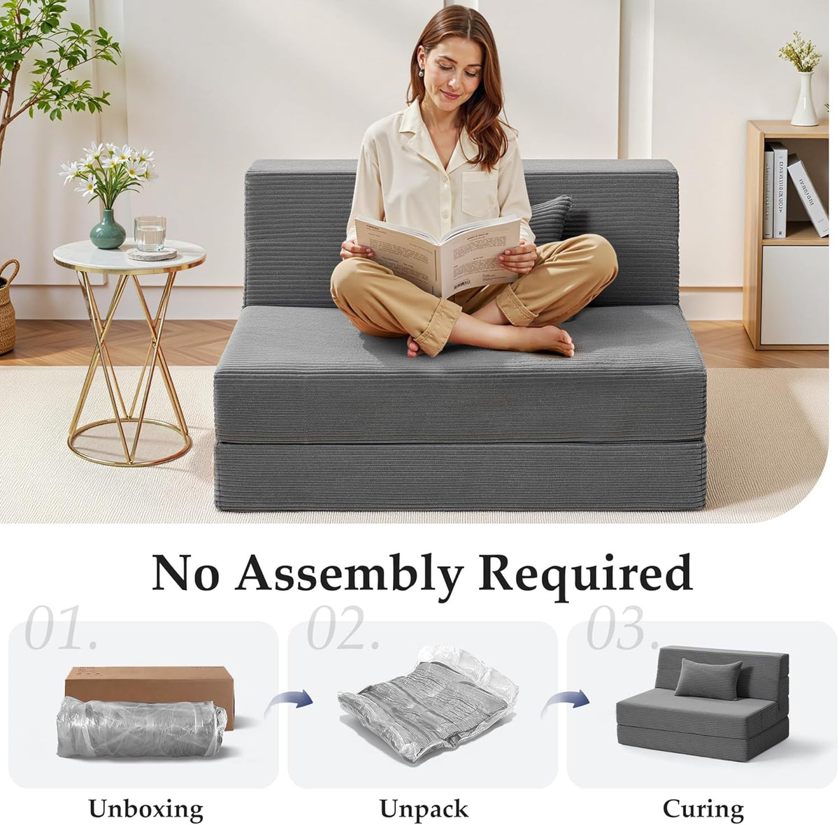 Youzi Folding Sofa Bed Convertible Sleeper Chair with Pillow, 4-in-1 Foldable Mattress Futon Couch Bed to Lounge Chair for Living Room, Bedroom, Dorm & Guest, Washable Cover, Dark Gray, Twin